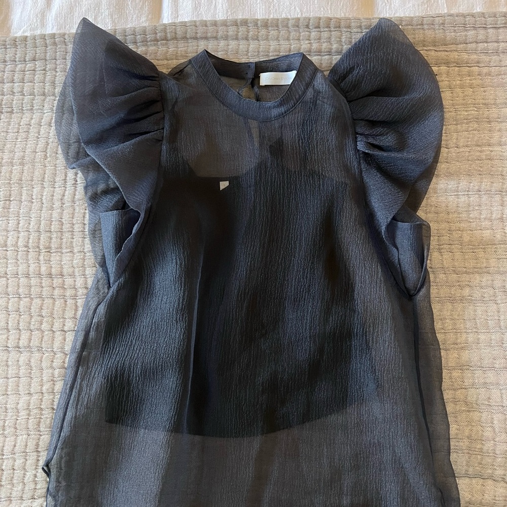 Jonathan Simkhai Elegant Sheer Dark Navy Blouse with Puff Sleeves